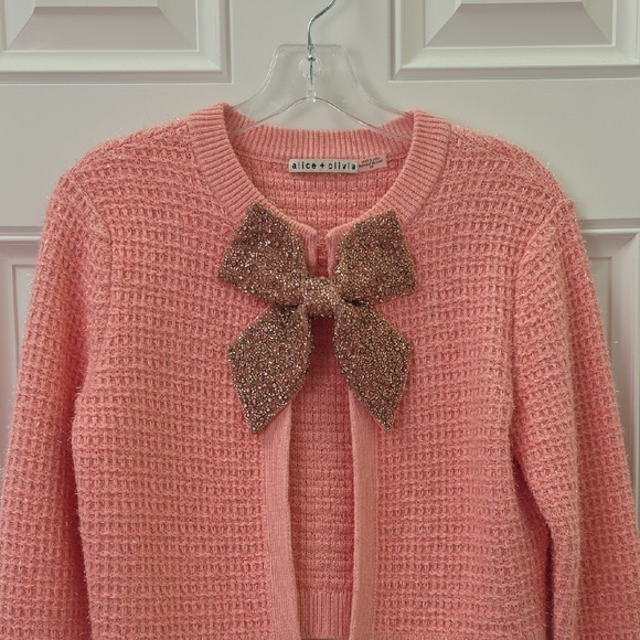 Alice + Olivia Pink Cardigan with Glitter Bow. Size Small Petite - Picture 3 of 12